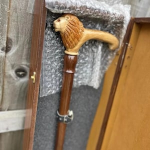 Hand-Carved Lion Walking Stick | Wooden Cane with Animal Handle | Collectible Walking Cane | Rustic Handmade Gift for Him