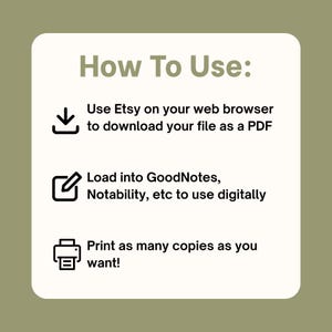 May include: A square instructional graphic with a cream background and olive green text. The header reads How To Use. Three icons illustrate steps: a download arrow, a document with a pen, and a printer. Text includes instructions for Etsy, PDF, GoodNotes, Notability, and printing.