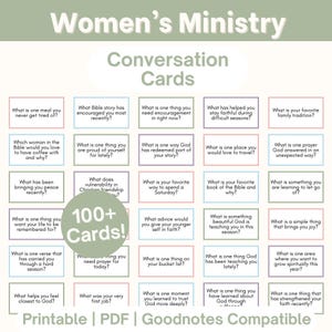 May include: A digital download of conversation cards for Women's Ministry. The cards feature various questions on topics like faith, Bible stories, and personal reflections. The cards are in pastel colors and include the text "100+ Cards!" and "Printable | PDF | Goodnotes Compatible."