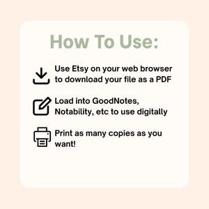 May include: A digital guide with instructions on how to use a file purchased on Etsy. The text reads "How To Use:" followed by steps to download, load into apps, and print the file. The background is a light beige color.