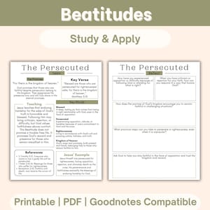 May include: A printable PDF study guide titled "Beatitudes" with the text "The Persecuted." The guide includes key verses, key words, and reflection questions. The color scheme is primarily white, green, and gray.