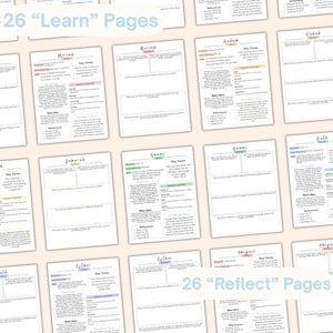May include: A collection of printable study pages with text and graphics. The pages are arranged on a light background. The text includes the words "Learn" and "Reflect" along with names like Miriam, Deborah, and Esther.