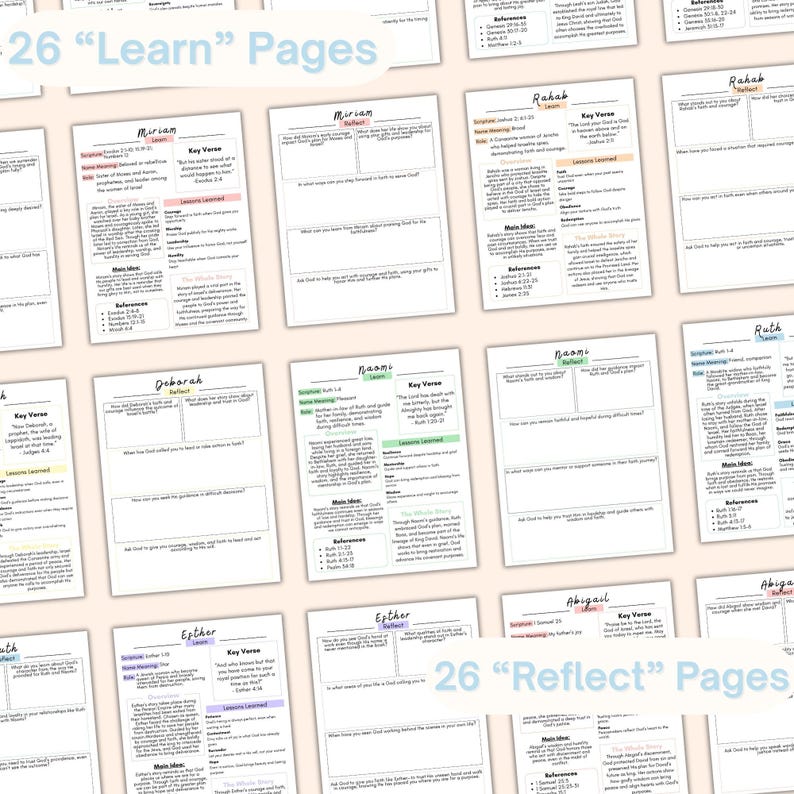 May include: A collection of printable study pages with text and graphics. The pages are arranged on a light background. The text includes the words "Learn" and "Reflect" along with names like Miriam, Deborah, and Esther.