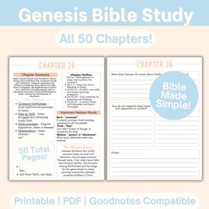 Può includere: Una guida allo studio della Bibbia stampabile per Genesi, con il capitolo 26. La guida include riassunti dei capitoli, schemi, temi chiave e importanti parole ebraiche. Il testo "Bible Made Simple!" è in un cerchio blu. 50 pagine.