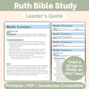 Op de afbeelding: Een leider's gids voor een Ruth Bijbelstudie, met lesoverzichten en groepsdiscussievragen. De gids is ontworpen voor printbare PDF en Goodnotes compatibiliteit. De tekst bevat de zin "Leid een groep of studeer zelf!"