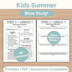 May include: A printable Bible study guide for kids, featuring lessons on creation. The design includes the text "Kids Summer Bible Study!" and "Week 1 - Lesson 1" with prompts for learning and reflection. The guide is PDF and Goodnotes compatible.