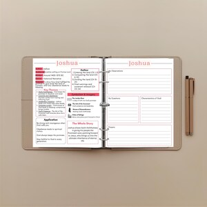 May include: An open ring binder planner featuring a two-page study guide for the Book of Joshua. The left page includes sections for author, audience, outline, key themes, and application. The right page provides lined spaces for observations, questions, characteristics of God, and prayers. Two pens rest beside the binder.