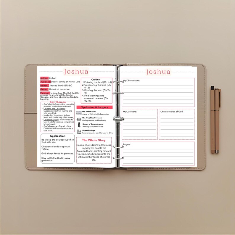 May include: An open ring binder planner featuring a two-page study guide for the Book of Joshua. The left page includes sections for author, audience, outline, key themes, and application. The right page provides lined spaces for observations, questions, characteristics of God, and prayers. Two pens rest beside the binder.