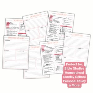 May include: A collection of white paper study sheets with pink headers featuring the titles Leviticus, Matthew, Deuteronomy, Exodus, and Numbers. Each sheet contains printed sections for observations, questions, characteristics of God, and prayers.