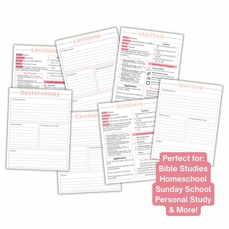 May include: A collection of white paper study sheets with pink headers featuring the titles Leviticus, Matthew, Deuteronomy, Exodus, and Numbers. Each sheet contains printed sections for observations, questions, characteristics of God, and prayers.