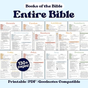 Könnte beinhalten: Eine digitale Sammlung von Bibelstudienblättern mit dem Titel Books of the Bible Entire Bible. Die Seiten enthalten Gliederungen, Autoren und Schlüsselthemen für verschiedene Bücher. Ein dunkelblaues kreisförmiges Abzeichen zeigt 130+ pages. Text: Printable PDF Goodnotes Compatible.
