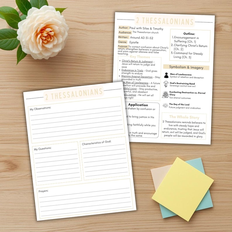 May include: Two white paper sheets with black text titled 2 Thessalonians, featuring an outline, key themes, and application sections. One sheet includes lined spaces for observations, questions, prayers, and characteristics of God, alongside a pale flower.