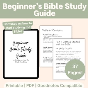 Könnte beinhalten: Ein digitales Bibelstudienhandbuch mit dem Titel "Beginner's Bible Study Guide". Das Handbuch enthält ein Inhaltsverzeichnis und den Text "37 Pages!". Das Handbuch wird als "Printable | PDF | Goodnotes Compatible" bezeichnet. Der Titel ist handschriftlich.