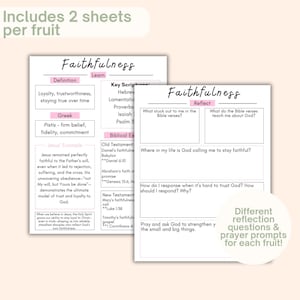 May include: Two sheets of paper with the word "Faithfulness" at the top. One sheet has definitions and key scriptures, the other has reflection questions. The sheets are white with pink accents and text in black. The text includes Bible verses and prompts for reflection.