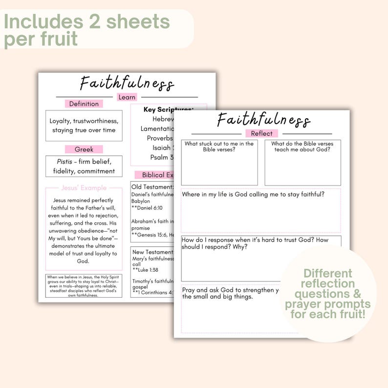 May include: Two sheets of paper with the word "Faithfulness" at the top. One sheet has definitions and key scriptures, the other has reflection questions. The sheets are white with pink accents and text in black. The text includes Bible verses and prompts for reflection.