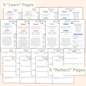 May include: A collection of 18 printable study pages, divided into "Learn" and "Reflect" sections. Each page features a different virtue, such as Love, Joy, Peace, and Kindness, with definitions, key scriptures, and examples.