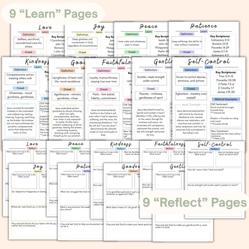 May include: A collection of 18 printable study pages, divided into "Learn" and "Reflect" sections. Each page features a different virtue, such as Love, Joy, Peace, and Kindness, with definitions, key scriptures, and examples.