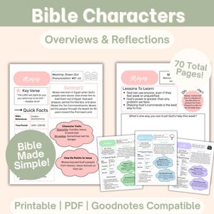 May include: A printable Bible study guide with the title "Bible Characters" and the subtitle "Overviews & Reflections." The guide includes information on Moses, with key verses, quick facts, and lessons to learn. The guide is compatible with PDF and Goodnotes.