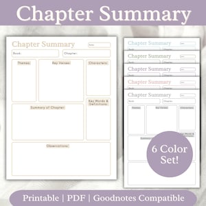 May include: Two chapter summary templates with a light beige background. The templates include sections for book, chapter, themes, key verses, characters, key words, and observations. The text "Chapter Summary" is at the top. The image also includes a set of six color variations.