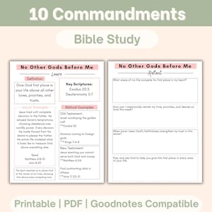 Peut inclure: Un guide d'étude biblique imprimable avec le titre "10 Commandements" et "Étude biblique" en haut. Le guide comprend des sections sur l'apprentissage et la réflexion, avec des écritures clés et des exemples bibliques. Le bas de la page indique "Imprimable | PDF | Compatible Goodnotes."