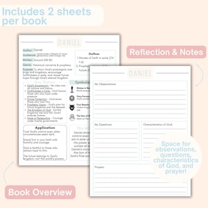 May include: Two-page spread from a study guide titled "Daniel." The left page includes author, audience, outline, and key themes. The right page offers space for observations, questions, and prayer. The guide is designed for reflection and notes.