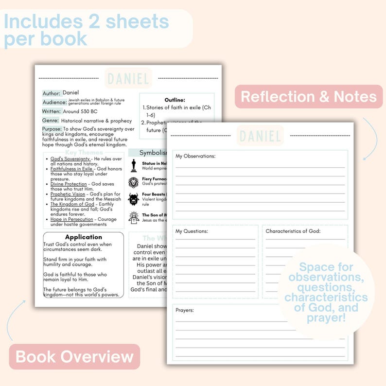 May include: Two-page spread from a study guide titled "Daniel." The left page includes author, audience, outline, and key themes. The right page offers space for observations, questions, and prayer. The guide is designed for reflection and notes.