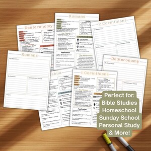 May include: A collection of printed Bible study worksheets featuring headers for Romans, 2 Corinthians, Deuteronomy, Joshua, and 1 Corinthians. The pages include sections for observations, questions, characteristics of God, and prayers.