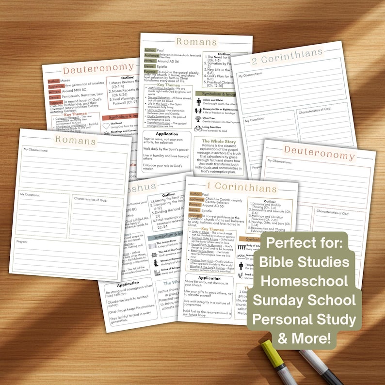 May include: A collection of printed Bible study worksheets featuring headers for Romans, 2 Corinthians, Deuteronomy, Joshua, and 1 Corinthians. The pages include sections for observations, questions, characteristics of God, and prayers.