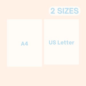 May include: Two paper sizes are shown: A4 and US Letter. The text "2 SIZES" is in a light blue oval at the top. The A4 and US Letter text is in light blue, and the background is a light peach colour.