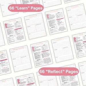 May include: A collection of white paper study sheets featuring pink headers and text for various books of the Bible, including Leviticus, Matthew, Mark, and Luke. The sheets contain sections for observations, questions, and prayers, with 66 Learn and 66 Reflect pages.