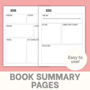 May include: Open notebook pages with fill-in-the-blank sections for book summaries. The pages are white with black text, including prompts for audience, author, purpose, themes, key characters, timeline, outline, and reflection. The text "Easy to use!" is on a white circle.