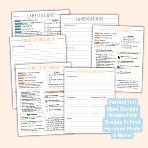 May include: A collection of white study sheets with text and outlines for Bible studies, including Lamentations, Song of Solomon, and 2 Thessalonians. The sheets are designed for personal study, homeschool, and Sunday school.
