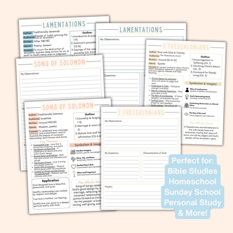 May include: A collection of white study sheets with text and outlines for Bible studies, including Lamentations, Song of Solomon, and 2 Thessalonians. The sheets are designed for personal study, homeschool, and Sunday school.