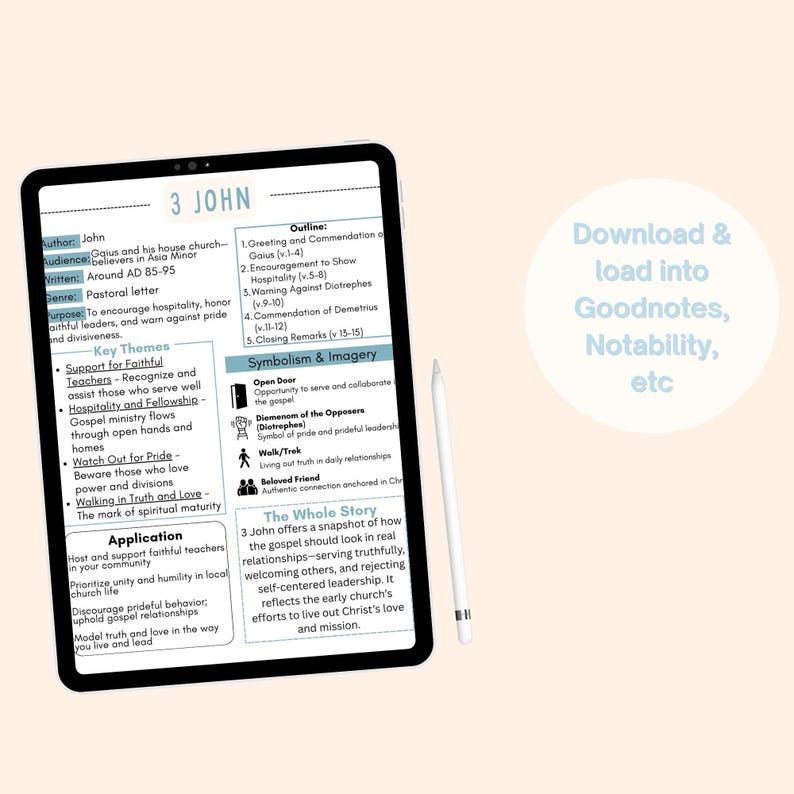 May include: A digital tablet showing a study guide for the biblical book of 3 John, with key themes, outline, and symbolism. A white stylus lies beside the tablet. Text on the screen includes "Download & load into Goodnotes, Notability, etc."