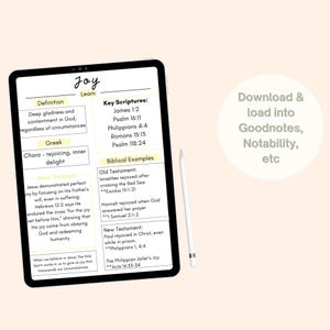 May include: A digital tablet displays a study guide on joy, with definitions, key scriptures, and biblical examples. The screen shows text and is accompanied by a stylus. The background is a light beige color.
