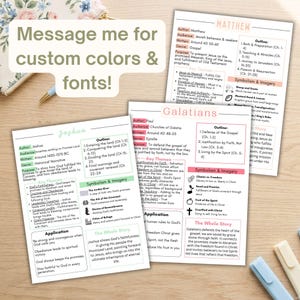 May include: Three printed Bible study summary sheets for the books of Matthew, Galatians, and Joshua. Each page features sections for author, audience, genre, purpose, key themes, outline, symbolism, and application with color-coded headers.