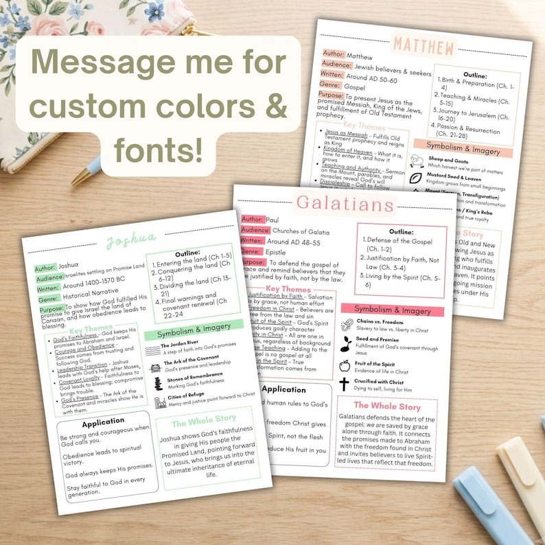 May include: Three printed Bible study summary sheets for the books of Matthew, Galatians, and Joshua. Each page features sections for author, audience, genre, purpose, key themes, outline, symbolism, and application with color-coded headers.