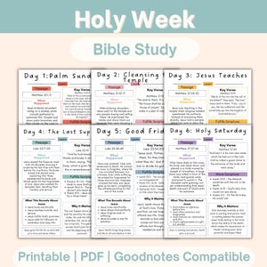 Könnte beinhalten: Ein druckbarer Bibelstudienführer für die Karwoche mit sechs Tageslektionen. Jeder Tag enthält Passagen, Schlüsselverse und Lernaufforderungen. Das Design hat einen weißen Hintergrund mit farbigem Text und Grafiken.