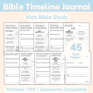 May include: A printable Kids Bible Study journal with a light blue background. The journal includes pages for various Bible stories, such as Noah's Ark and God's Promise to Abraham. The journal has 45 total pages and is PDF and Goodnotes compatible.
