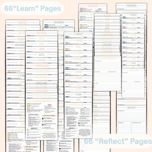 May include: Bible study pages with the text "66 Learn Pages" and "66 Reflect Pages". The pages are organised by book, including Genesis, Proverbs, and Matthew. Each page has sections for notes and observations, ideal for personal study.