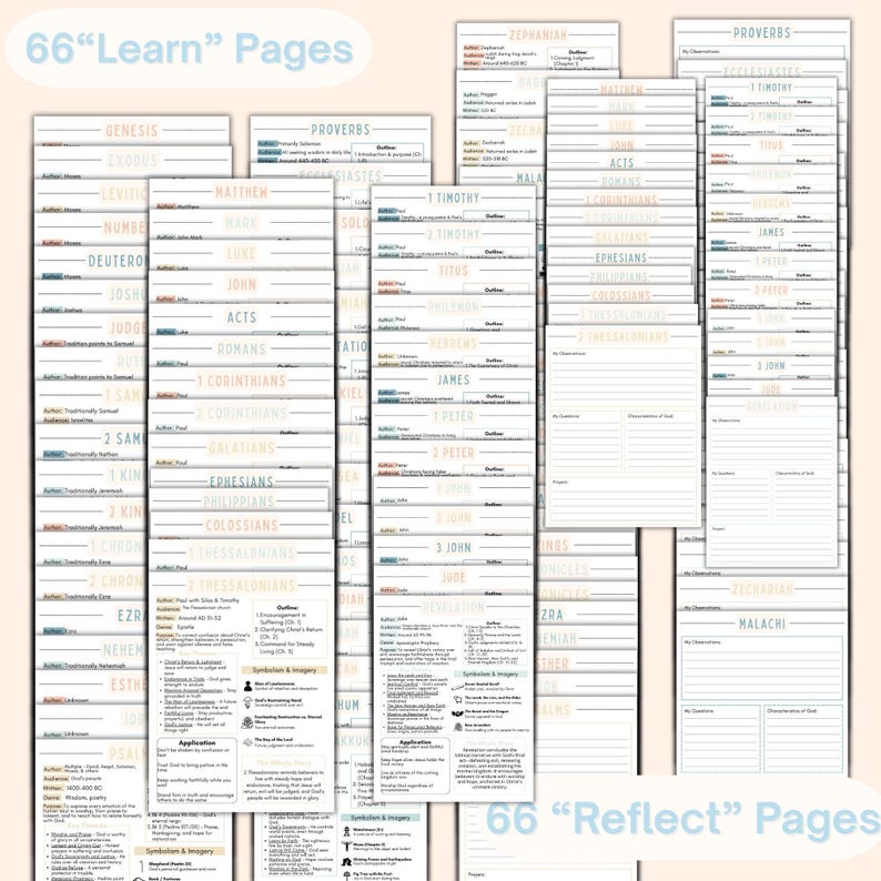 May include: Bible study pages with the text "66 Learn Pages" and "66 Reflect Pages". The pages are organised by book, including Genesis, Proverbs, and Matthew. Each page has sections for notes and observations, ideal for personal study.