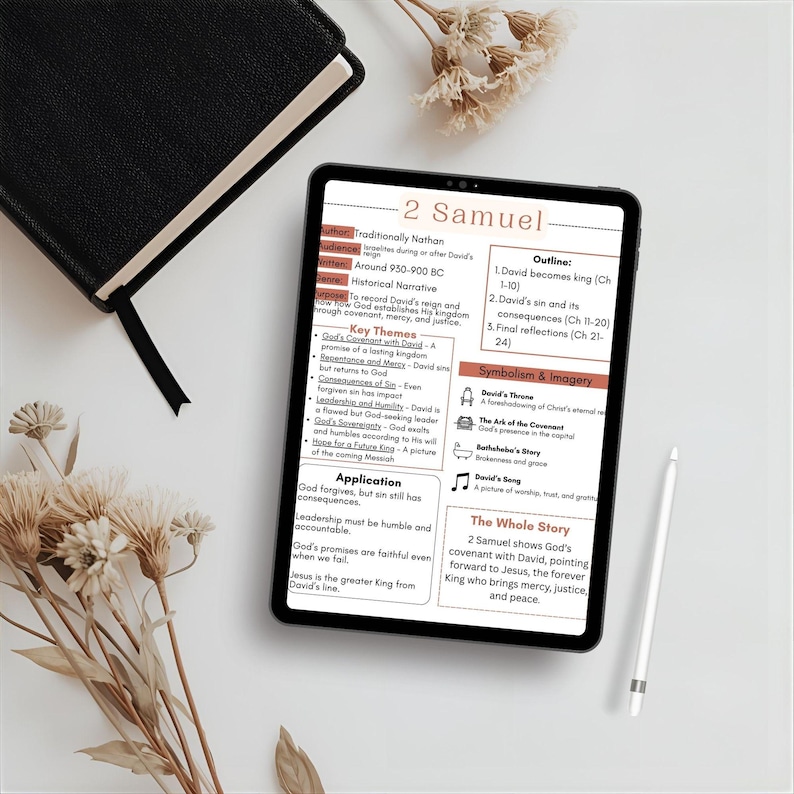 May include: A digital tablet displaying a study guide for 2 Samuel, featuring sections on author, audience, genre, purpose, key themes, outline, symbolism, and application. The screen includes text about David's reign, covenant, and legacy.