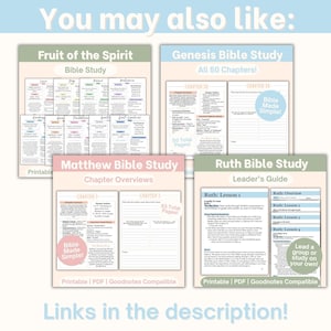 May include: Printable Bible study guides for "Fruit of the Spirit," "Genesis Bible Study," "Matthew Bible Study," and "Ruth Bible Study." Each guide includes chapter overviews and study materials. The image features the text "Bible Made Simple!" and "Links in the description!"
