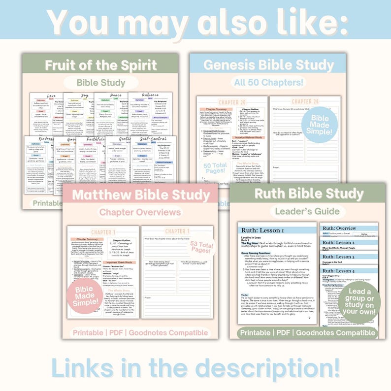 May include: Printable Bible study guides for "Fruit of the Spirit," "Genesis Bible Study," "Matthew Bible Study," and "Ruth Bible Study." Each guide includes chapter overviews and study materials. The image features the text "Bible Made Simple!" and "Links in the description!"