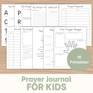 May include: A set of printable prayer journal pages for children. The pages include sections for prayer requests, gratitude, and a five-finger prayer guide. The journal is designed to help children connect with their faith.