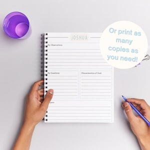 May include: A white spiral-bound notebook with the name "JOSHUA" printed at the top. The notebook has lined pages and sections for notes. A purple cup and a blue pen are also visible. The text says "Or print as many copies as you need!"