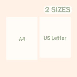 May include: Two paper sizes are displayed: A4 and US Letter. The text "2 SIZES" is in a light green oval at the top. The A4 and US Letter sheets are rectangular and light cream-colored, with the text in a matching light green.