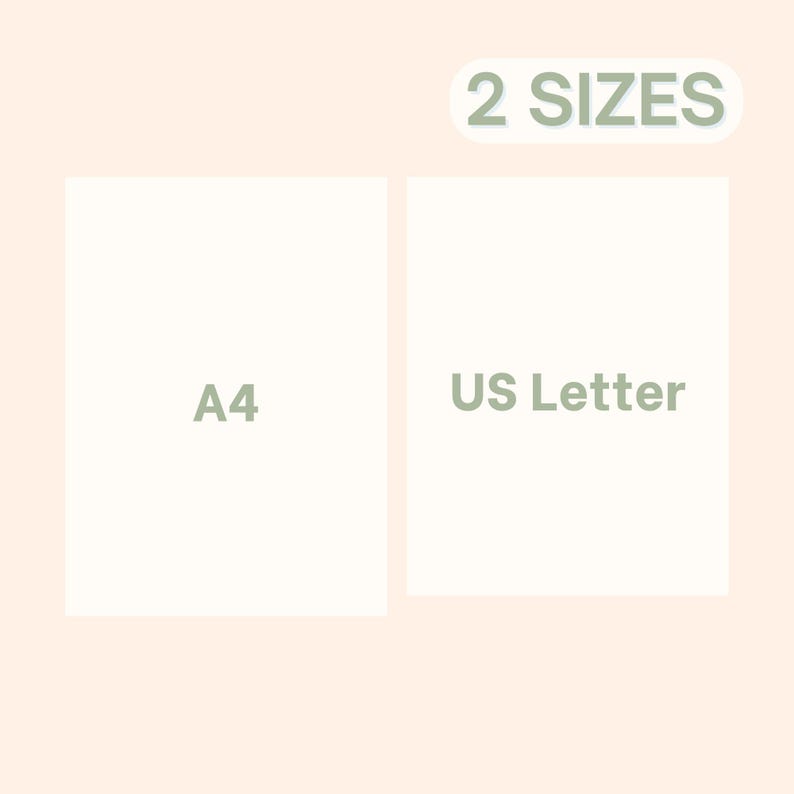 May include: Two paper sizes are displayed: A4 and US Letter. The text "2 SIZES" is in a light green oval at the top. The A4 and US Letter sheets are rectangular and light cream-colored, with the text in a matching light green.