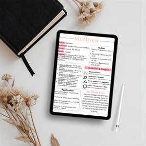 May include: A digital tablet displaying a study guide for the Book of Matthew, featuring sections on author, audience, genre, purpose, key themes, an outline, symbolism, and application, alongside a black notebook and a white stylus pen.