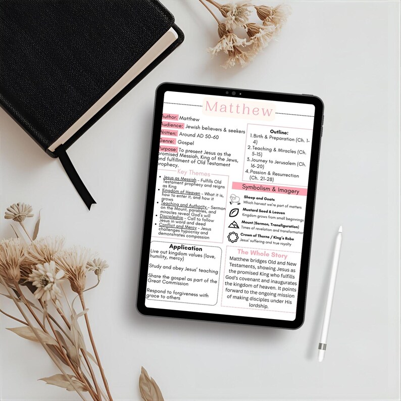 May include: A digital tablet displaying a study guide for the Book of Matthew, featuring sections on author, audience, genre, purpose, key themes, an outline, symbolism, and application, alongside a black notebook and a white stylus pen.